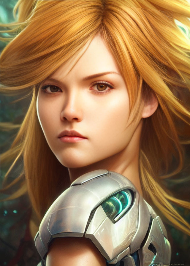 Blonde woman in futuristic armor with intense gaze