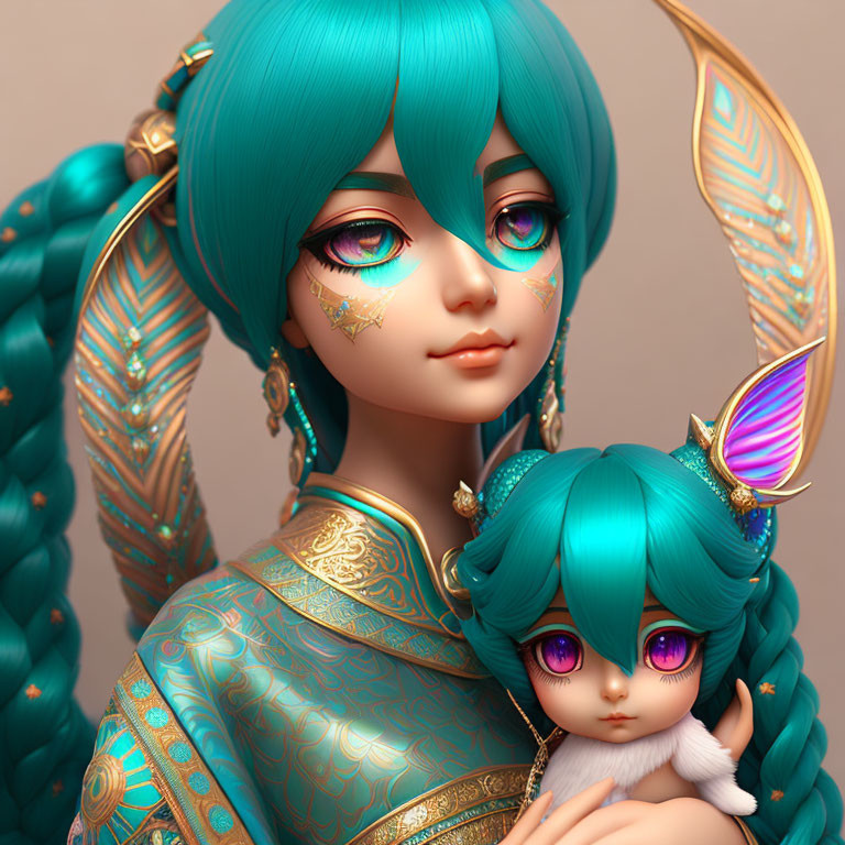 Turquoise-haired character with golden jewelry holding a white creature