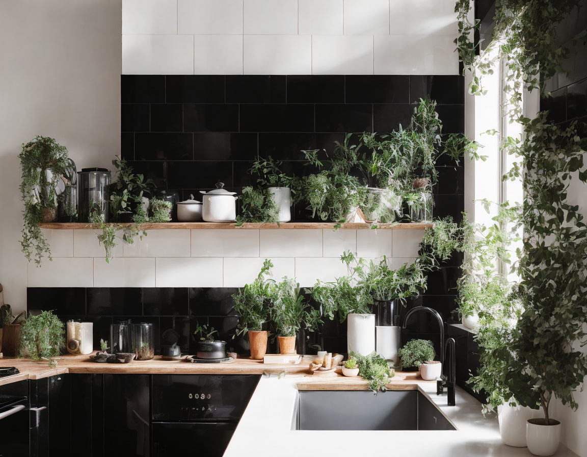 Modern Kitchen with Black and White Tiled Backsplash and Green Plants