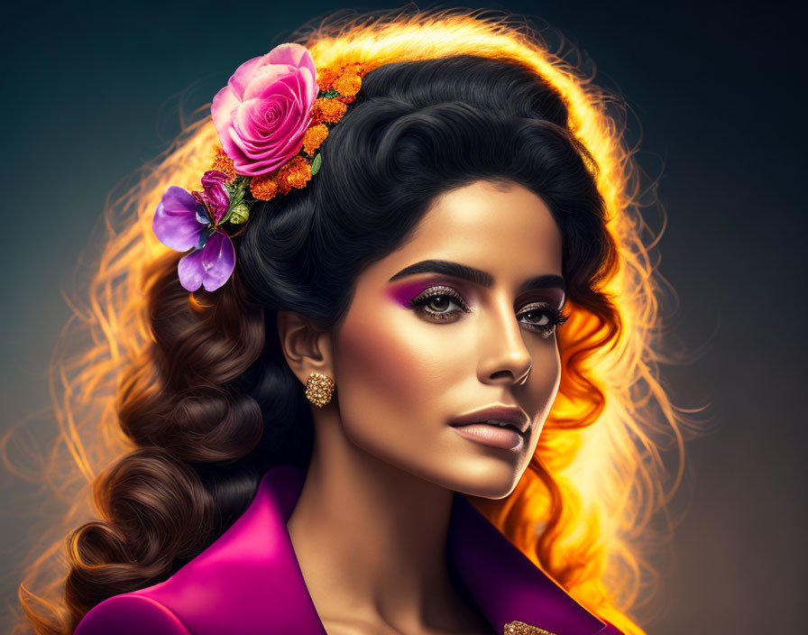 Stylized portrait of woman with curly hair, flowers, dramatic makeup, pink outfit