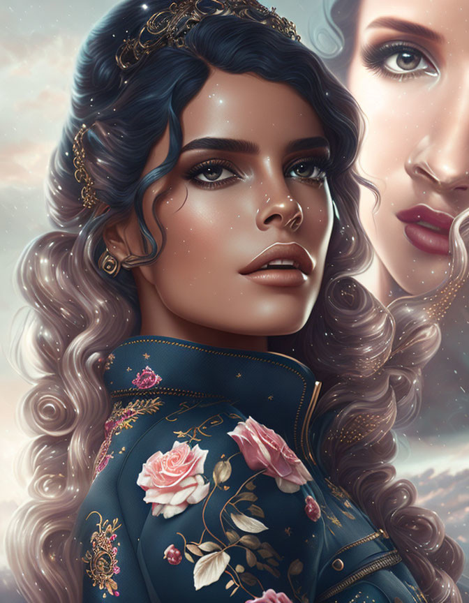 Detailed Digital Portrait of Two Women with Wavy Hair and Ornate Attire