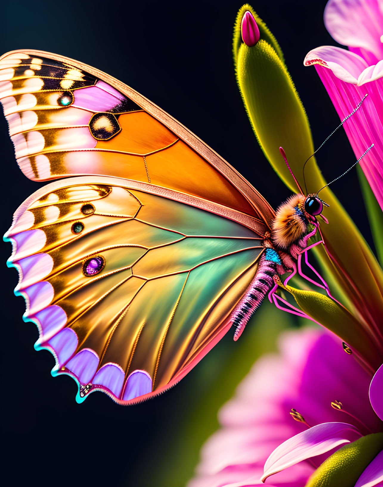 Colorful Butterfly with Orange and Black Wings on Pink Flower in Close-Up Shot