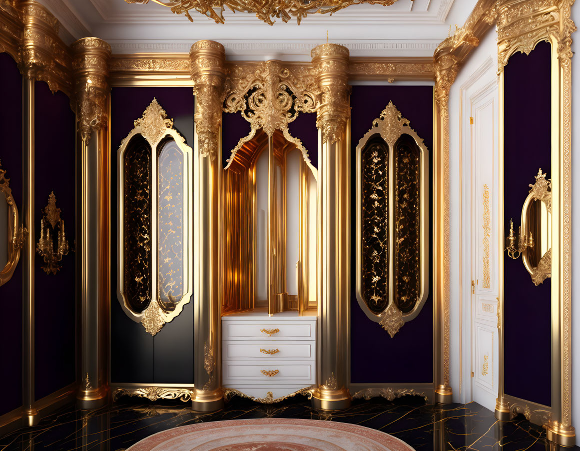 Luxurious Purple and Gold Room with Ornate Decor and Classical Console Table