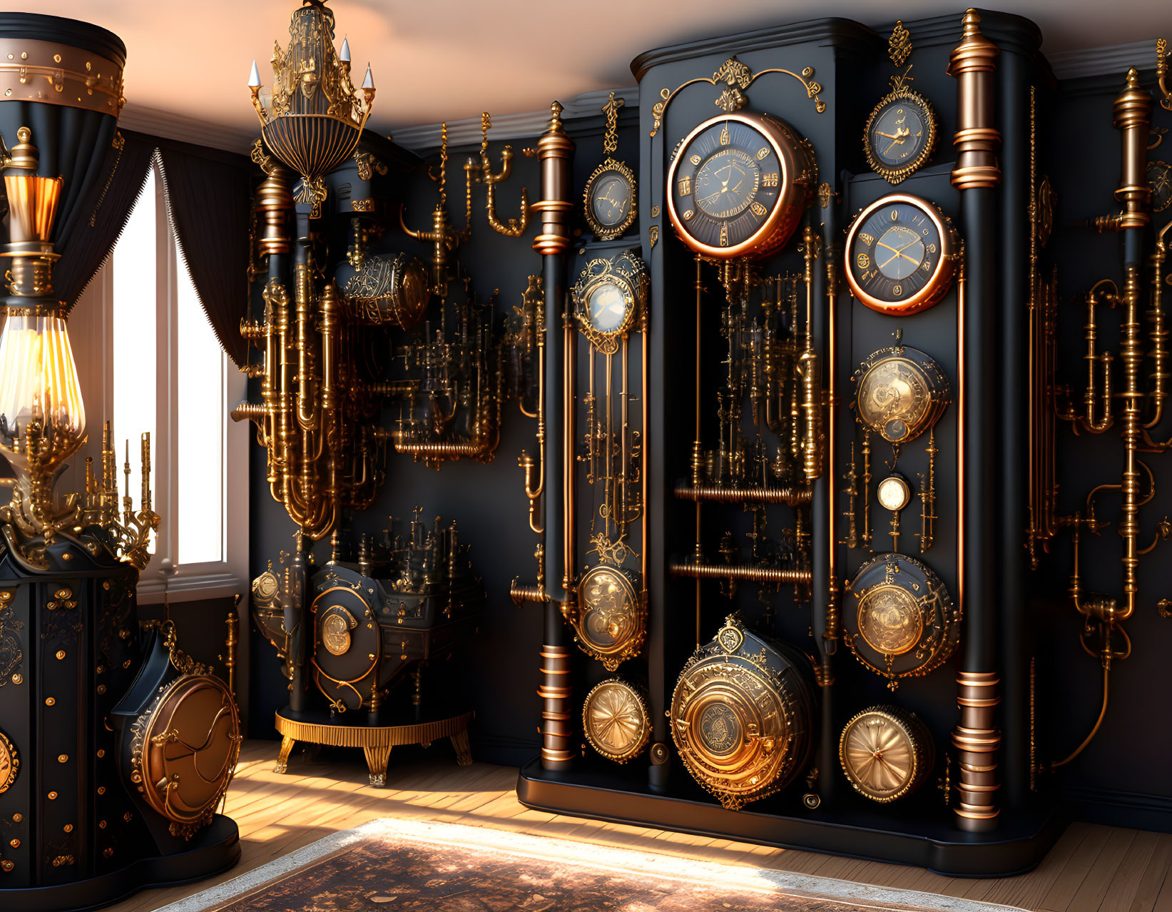 Luxurious Room with Steampunk-Inspired Clocks and Metallic Embellishments