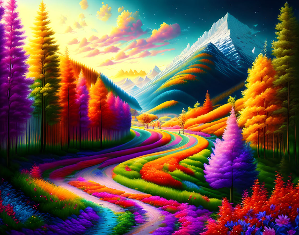 Colorful Trees and Snow-Capped Mountains in Majestic Landscape