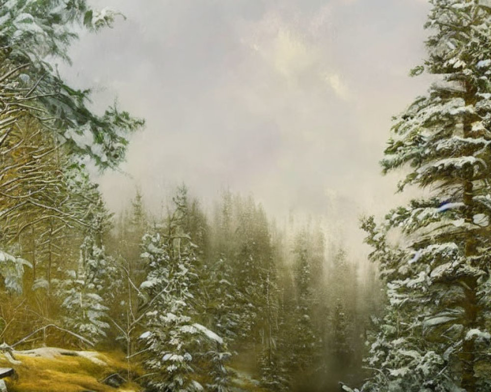 Snow-covered forest with stream under warm sunlight: serene landscape.