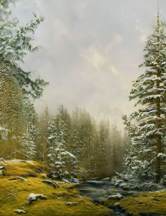 Snow-covered forest with stream under warm sunlight: serene landscape.