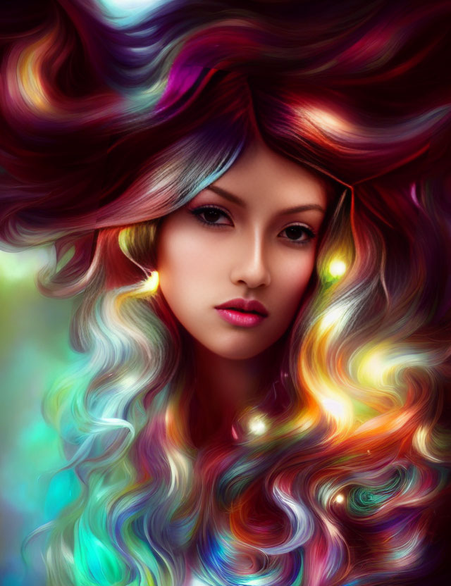 Colorful digital portrait of a woman with flowing hair and captivating eyes