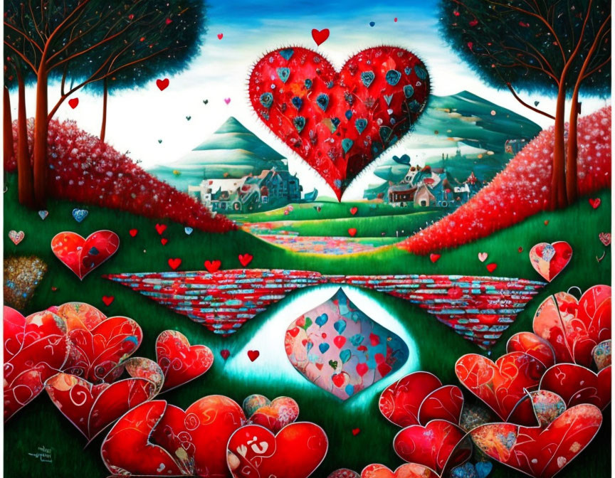 Whimsical landscape painting with heart-shaped elements