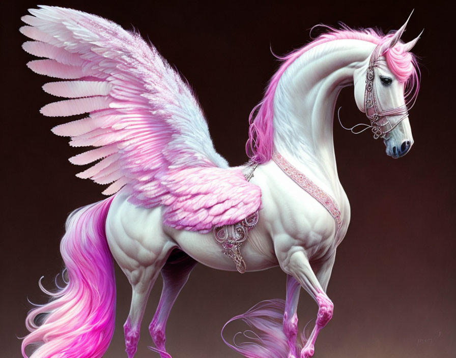 Majestic white unicorn digital artwork with pink mane, tail, and wings