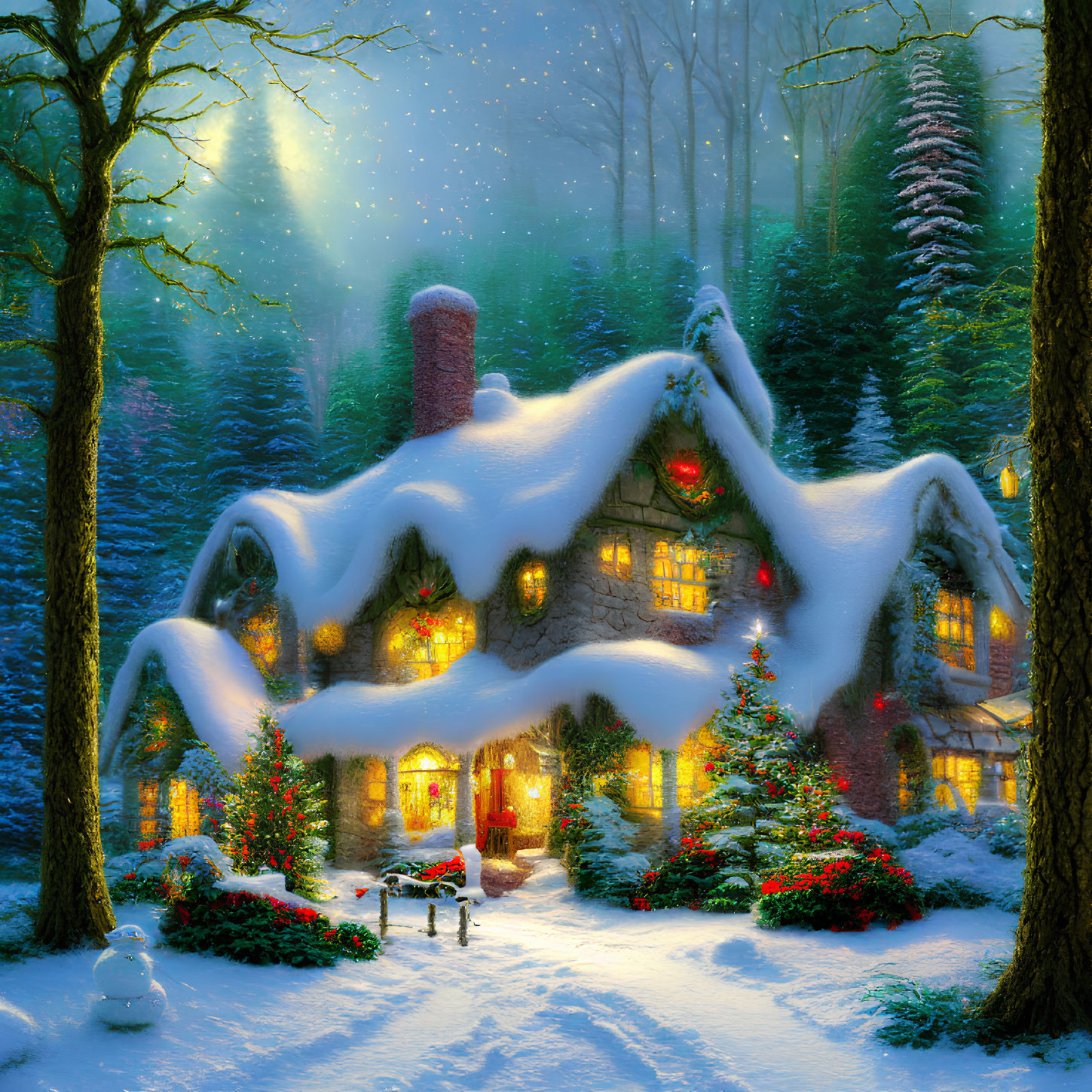 Snow-covered Christmas cottage in enchanted winter forest at twilight