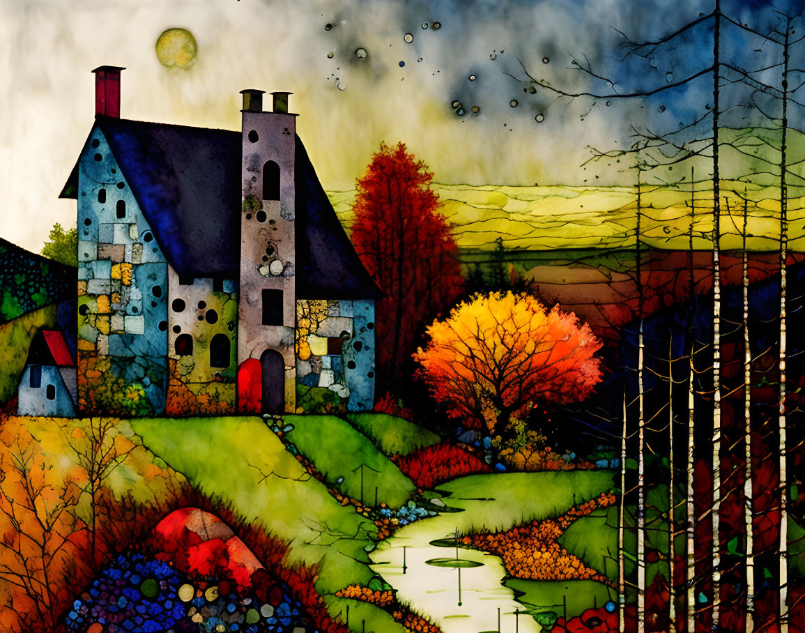 Colorful Stylized Painting of Quaint Village with Autumn Trees