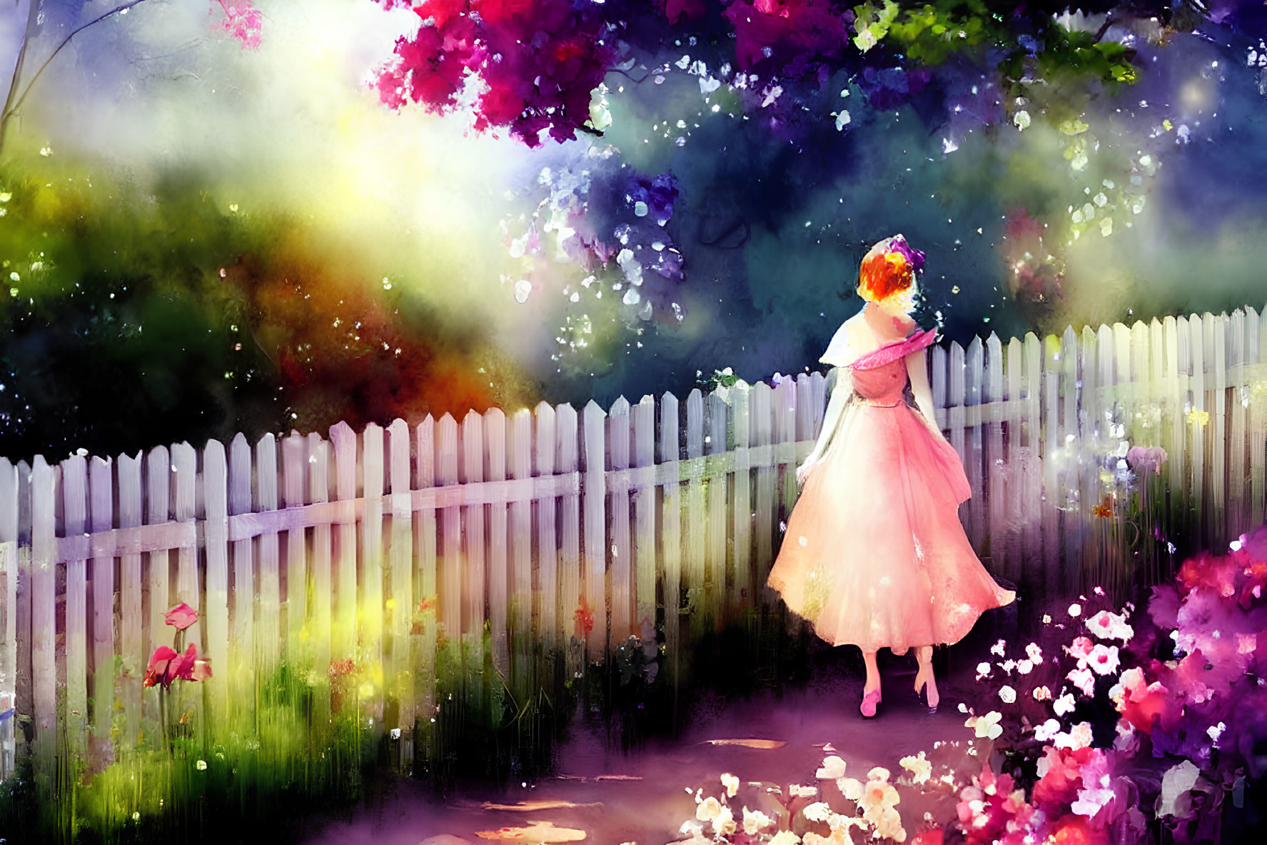 Young girl in pink dress by white picket fence in colorful garden with blooming flowers and sunbeam