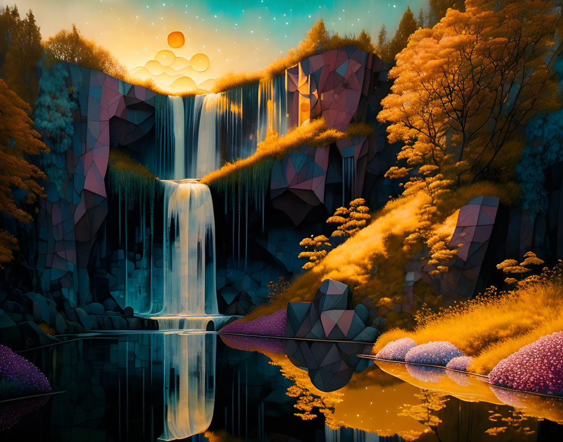 Surreal geometric landscape with waterfall, reflecting pool, trees, and triple suns