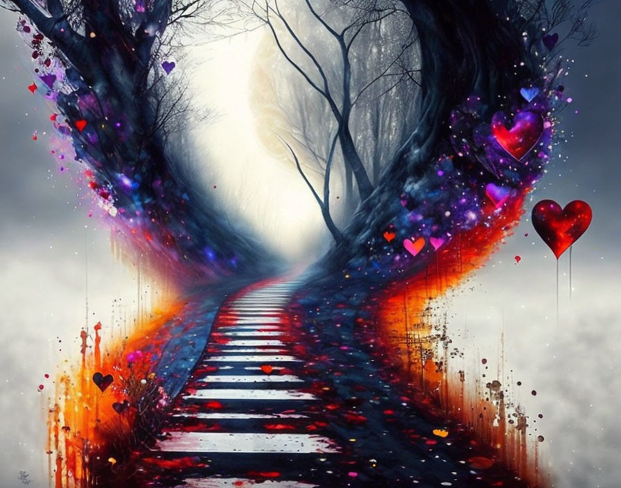 Mystical pathway painting with floating hearts and soft glow