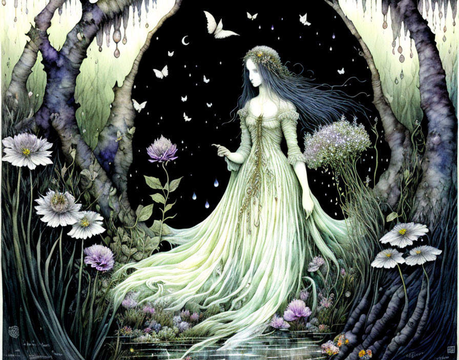 Fantasy illustration of woman in green dress under starry sky