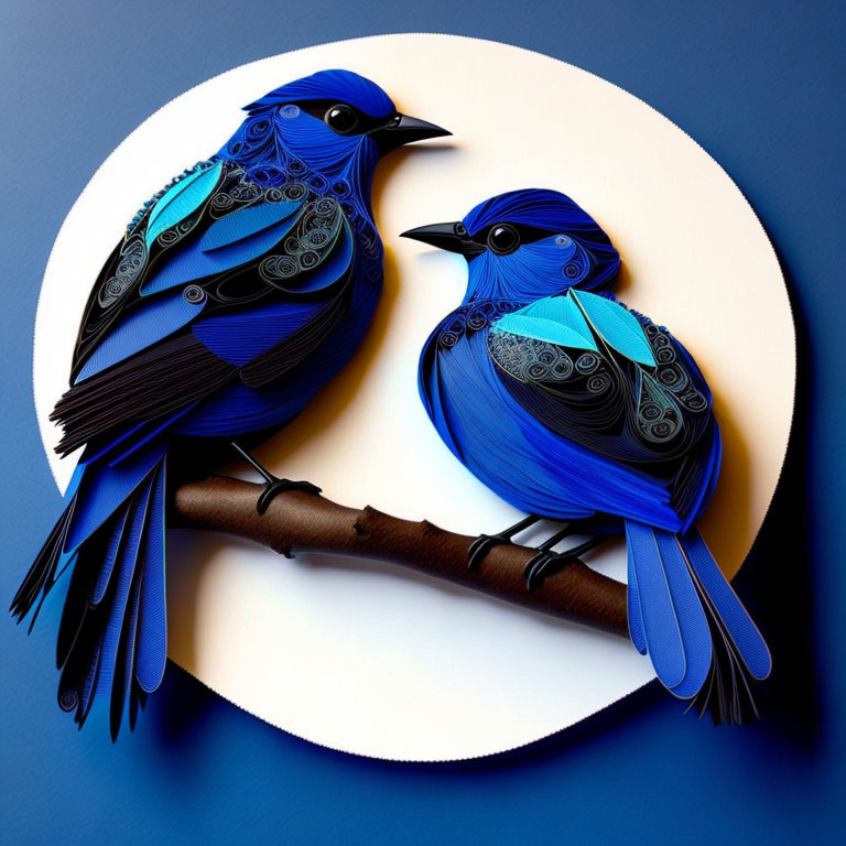 Stylized blue birds with intricate feather patterns on branch against cream and blue background