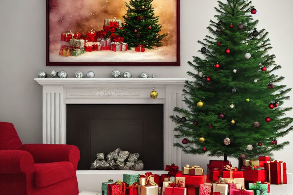 Festive Christmas room with decorated tree, fireplace, gifts, and red armchair