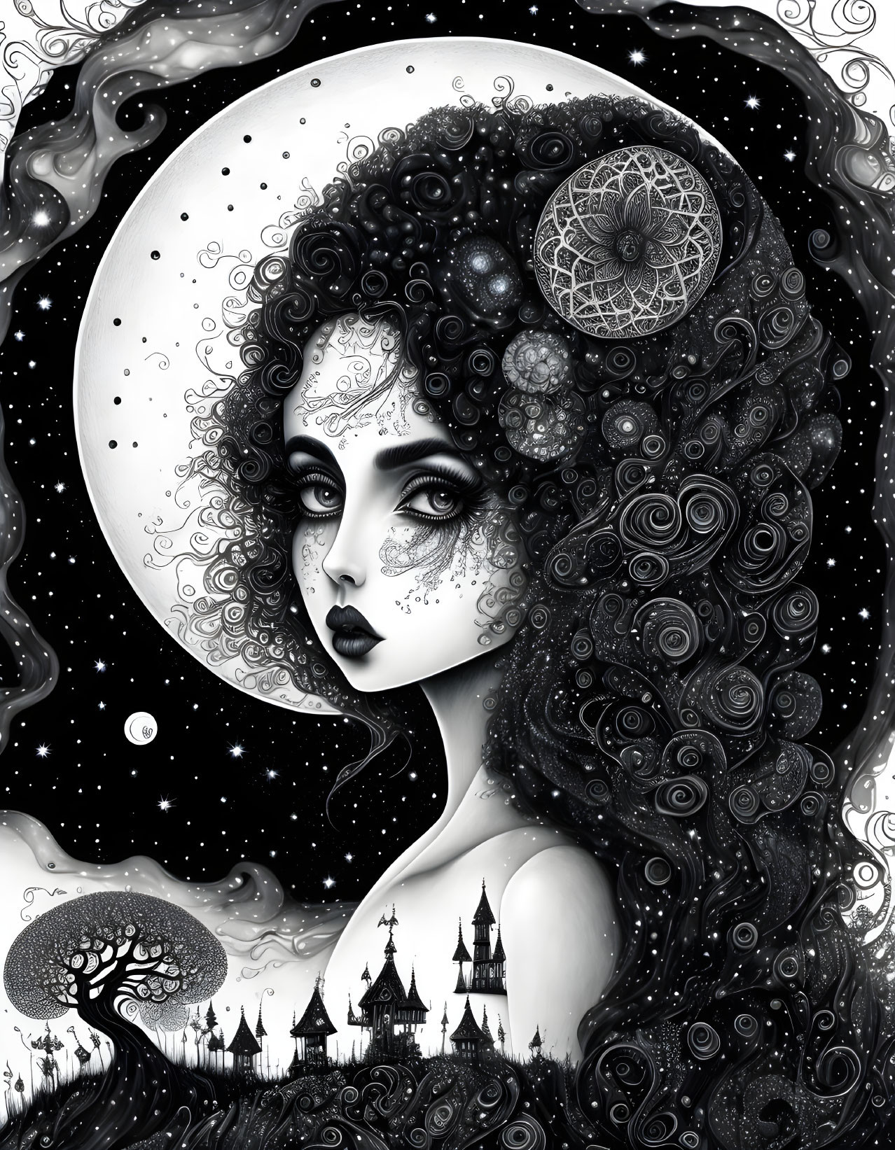 Monochrome fantasy illustration of woman with celestial motifs