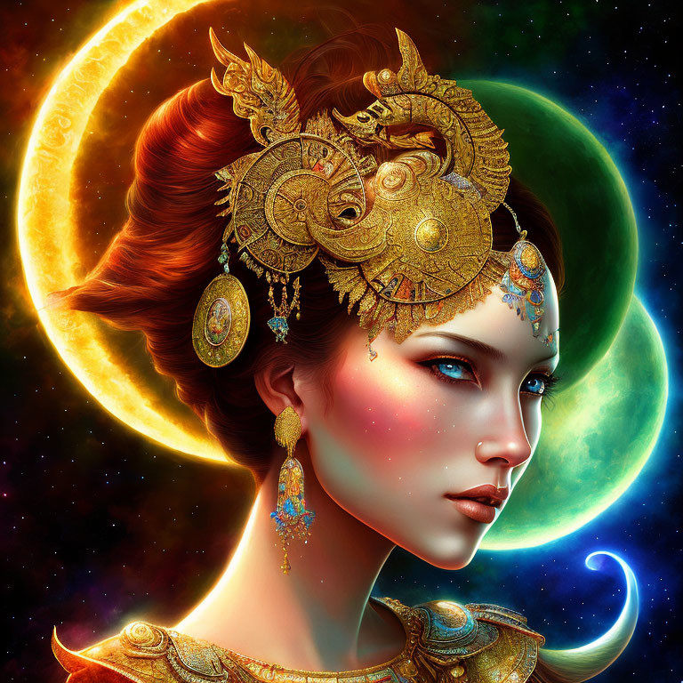 Digital artwork: Woman with golden headdress, cosmic background, crescent moons