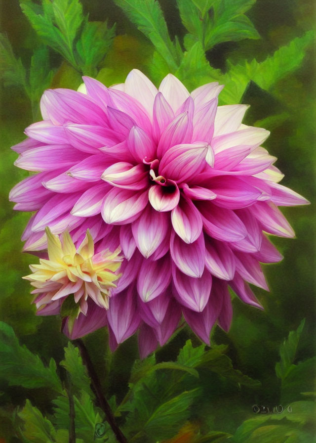 Colorful painting of large pink dahlia and yellow bloom on dark green backdrop