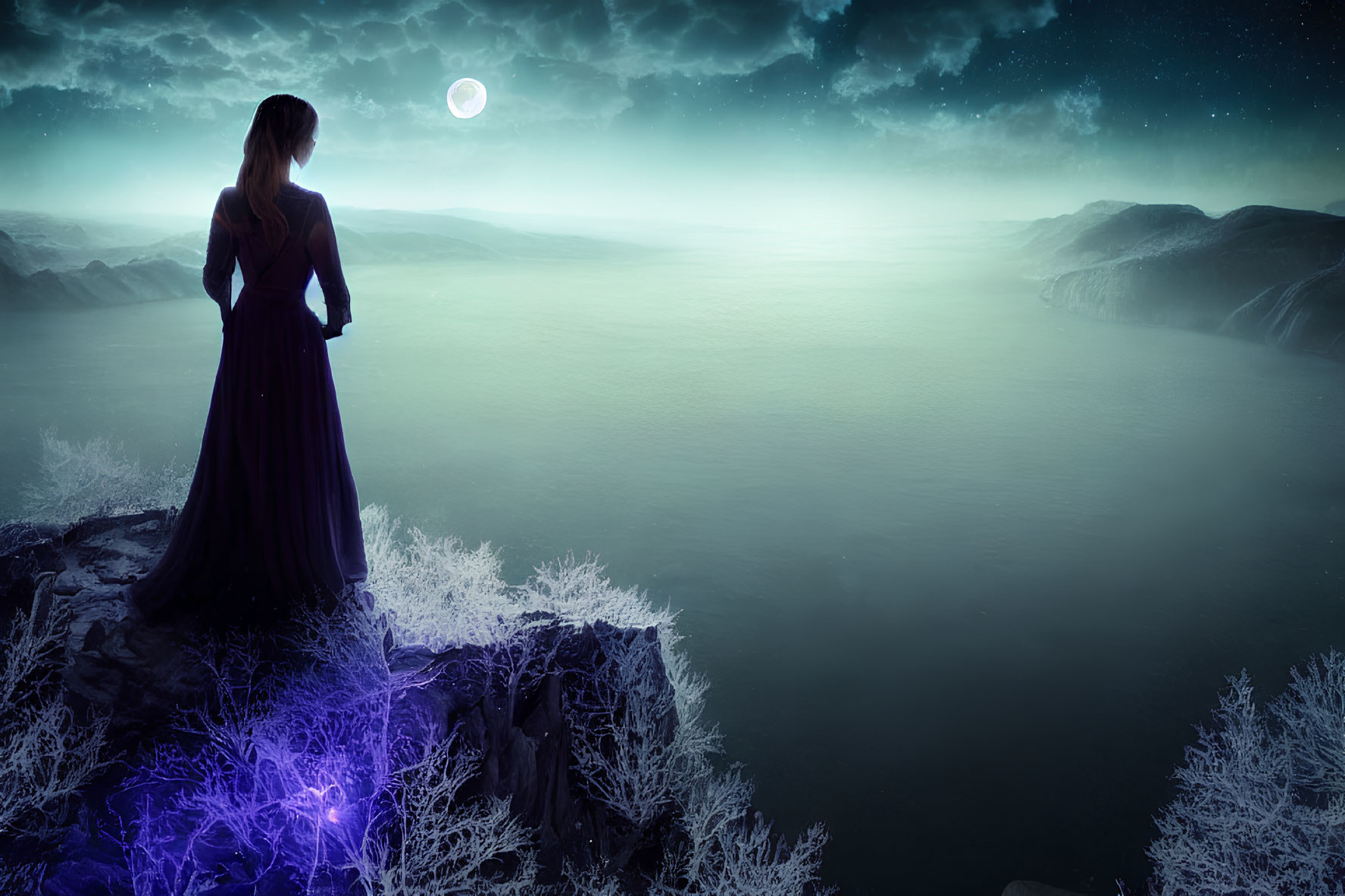 Woman in Black Dress on Cliff Overlooking Moonlit Mystical Landscape