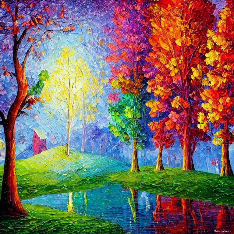 Colorful Impressionist-style painting of textured trees reflected in blue water under a purple sky