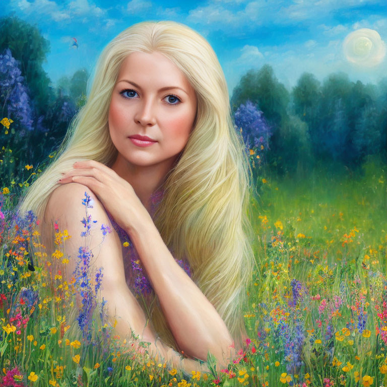 Blonde Woman Portrait in Vibrant Meadow with Colorful Flowers