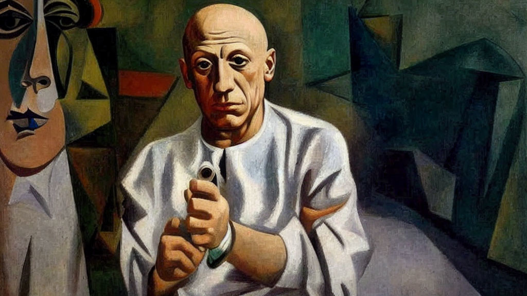 Cubist Painting of Man with Pipe in Green, Brown, and Gray