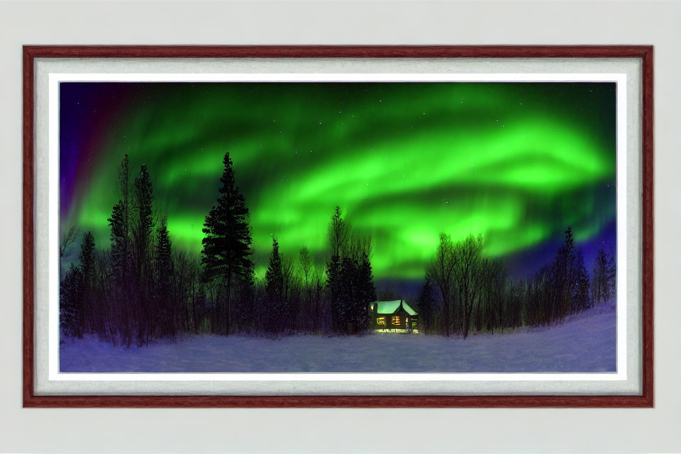 Aurora Borealis over snow landscape with cabin and trees under starry sky