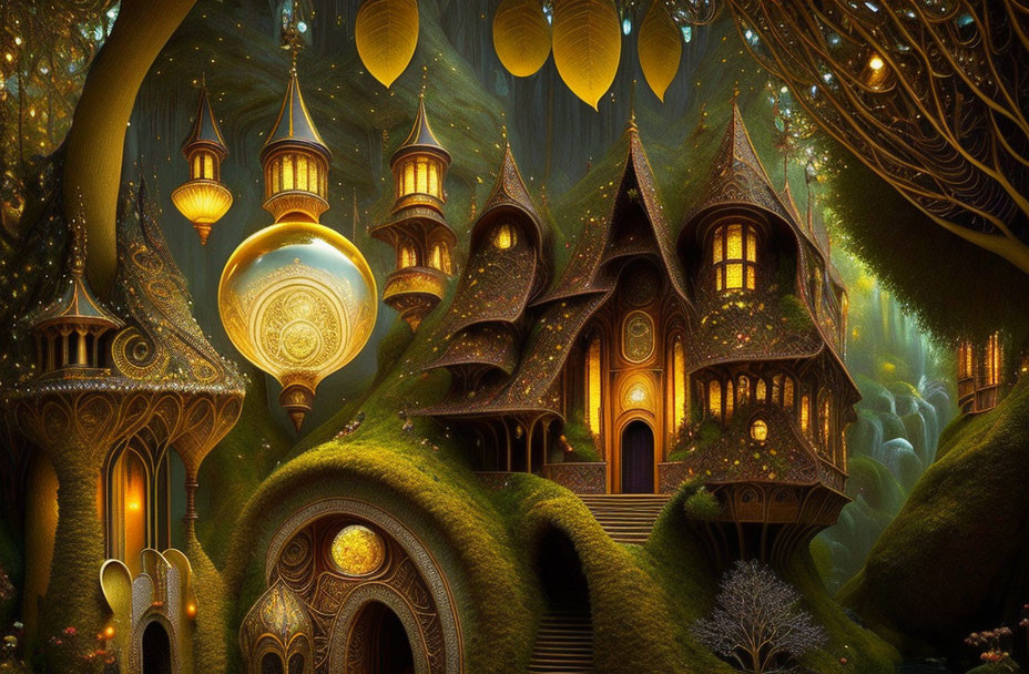 Fantasy Forest with Treehouses, Lanterns, and Mystical Architecture