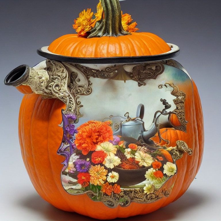 Floral Pattern Pumpkin-Shaped Teapot with Silver Accents