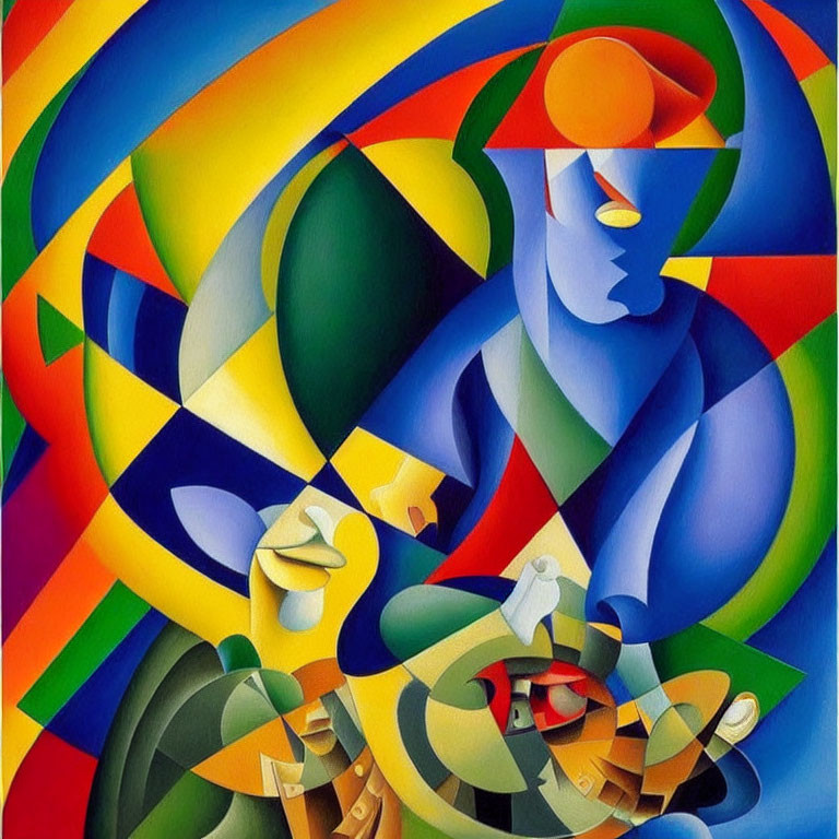 Colorful Cubist Painting with Geometric Shapes and Figure with Sun Halo