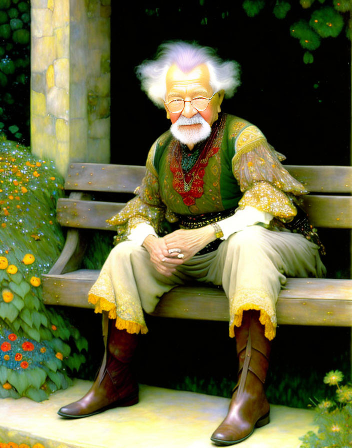 Elderly man in glasses, white hair, patterned shirt, vest, brown boots, sitting