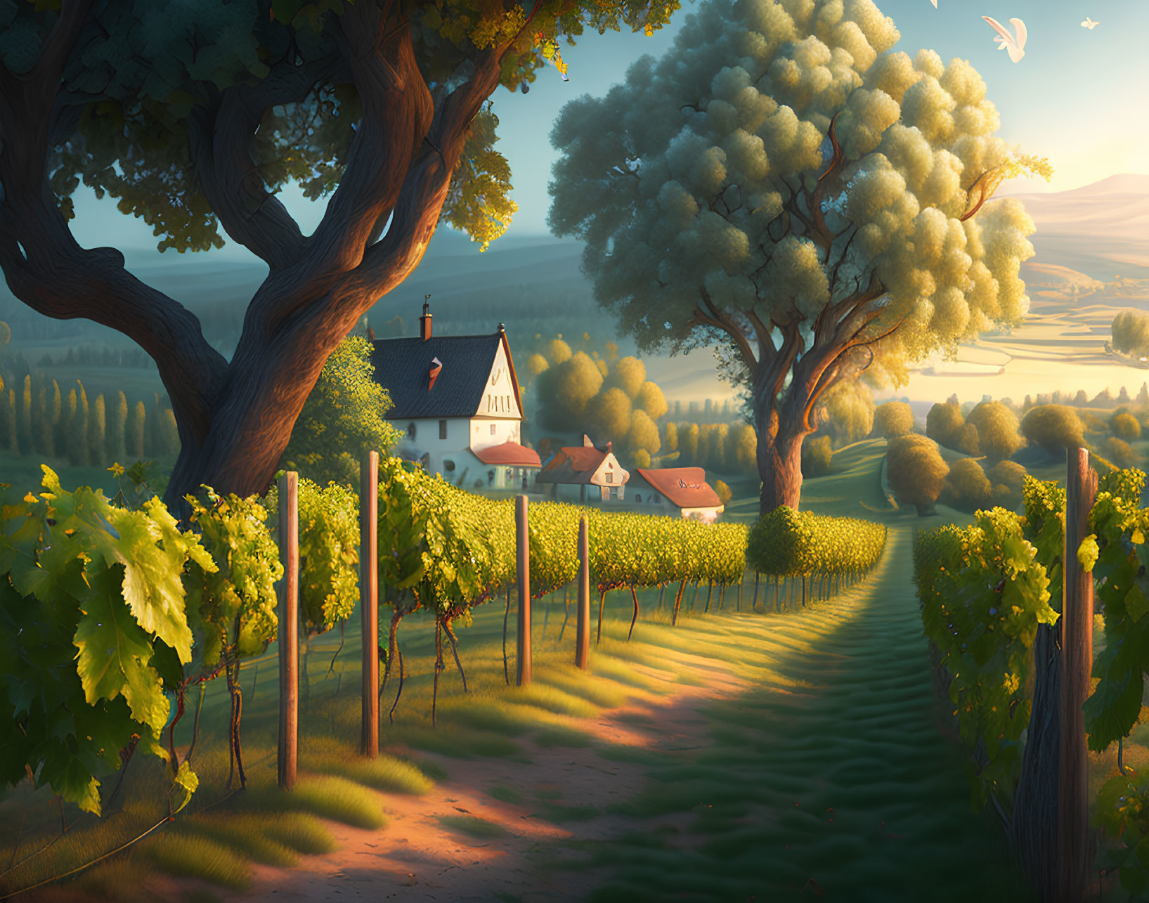 Tranquil vineyard scene with grapevines, white house, church, trees, and rolling