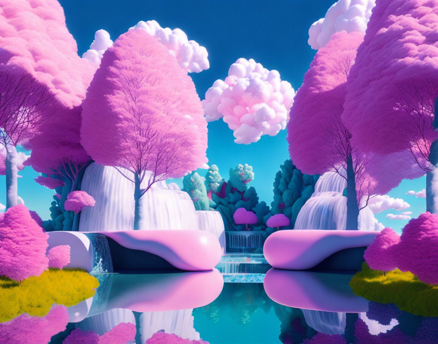 Vibrant pink foliage, turquoise waterfalls, fluffy clouds in surreal landscape
