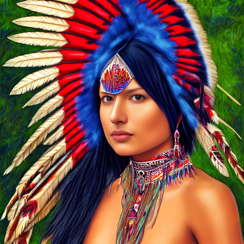 Digital artwork featuring person with long dark hair in vibrant Native American headdress