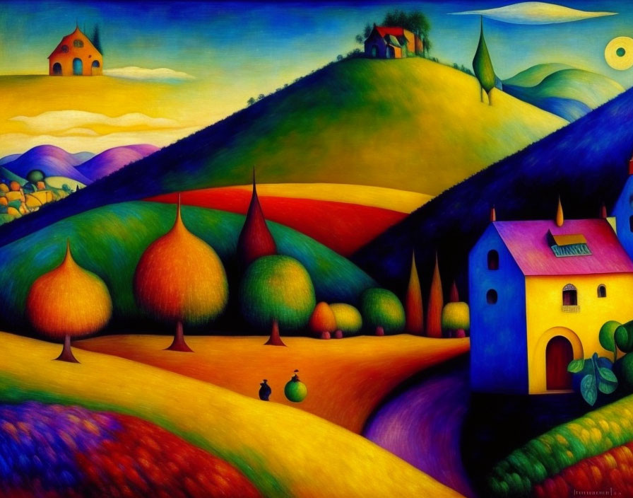 Colorful landscape painting with hills, trees, houses, and crescent moon