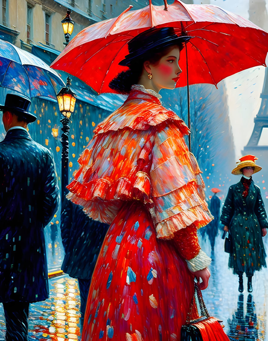 Woman with red umbrella in vibrant dress amidst rainy street scene.