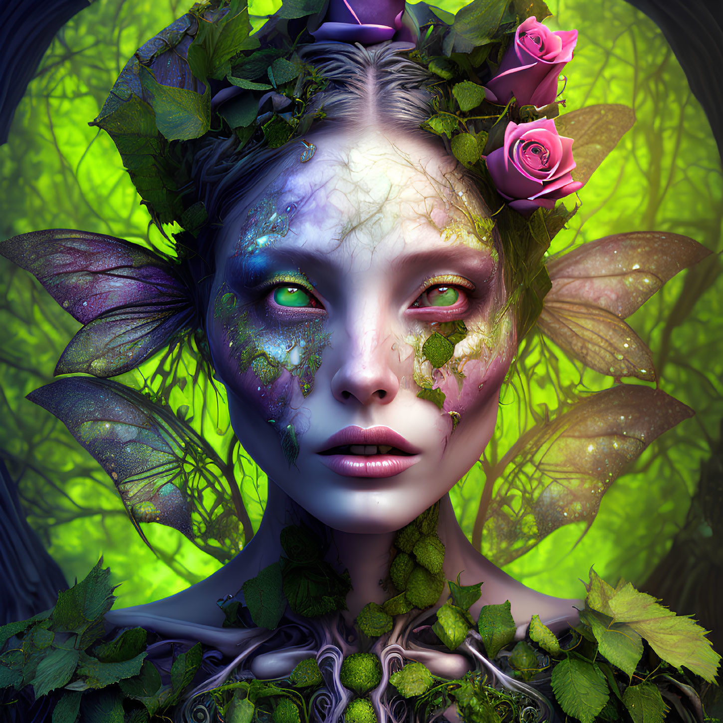 Fantastical portrait of female figure with green and purple skin and floral adornments.