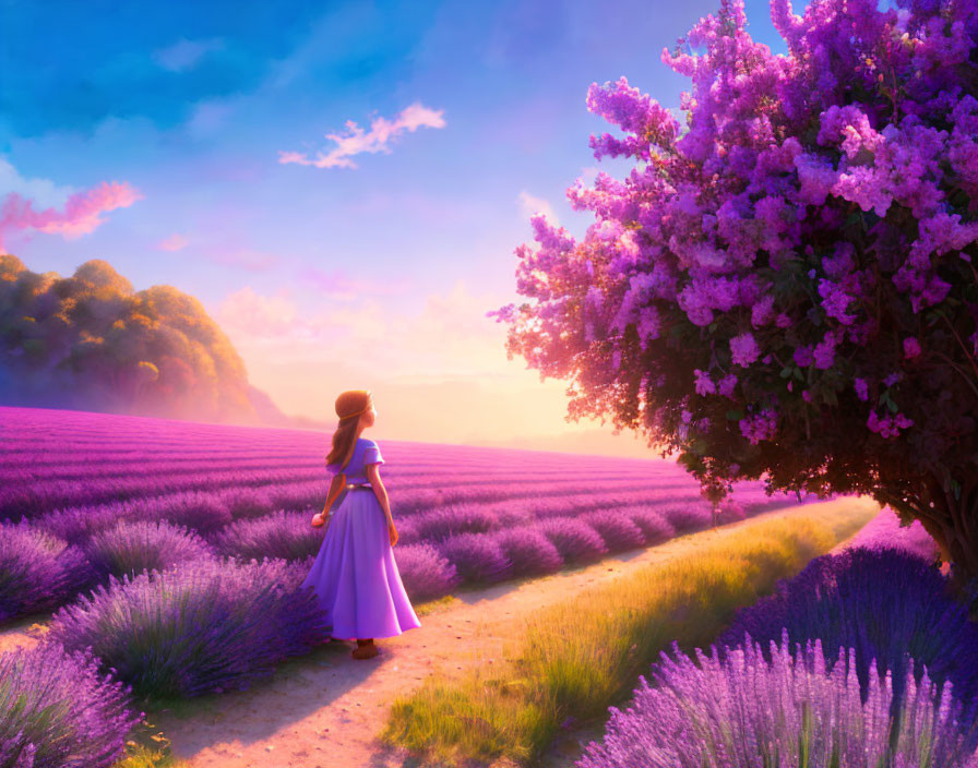 Woman in White Dress Beside Lavender Field and Flowering Tree Under Pastel Sky