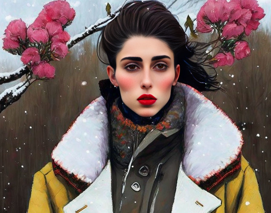 Stylized portrait of woman with striking makeup and yellow coat amid pink blossoms and snowflakes