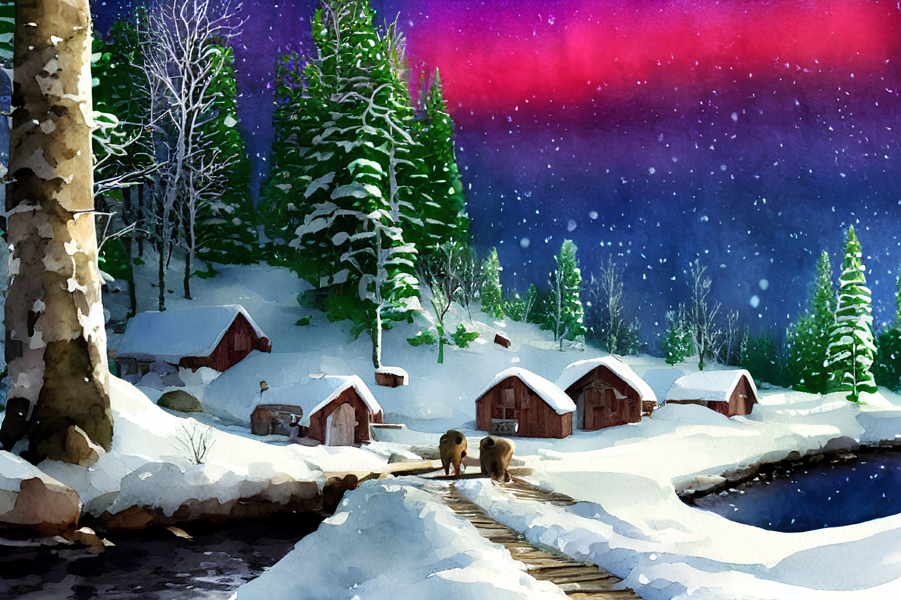 Snow-covered cabins, pine trees, starry sky, and a bear crossing a bridge in a winter