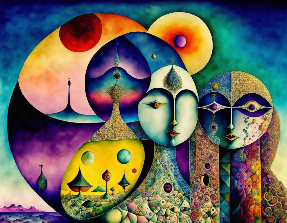 Vibrant abstract art of stylized human figures against celestial landscapes