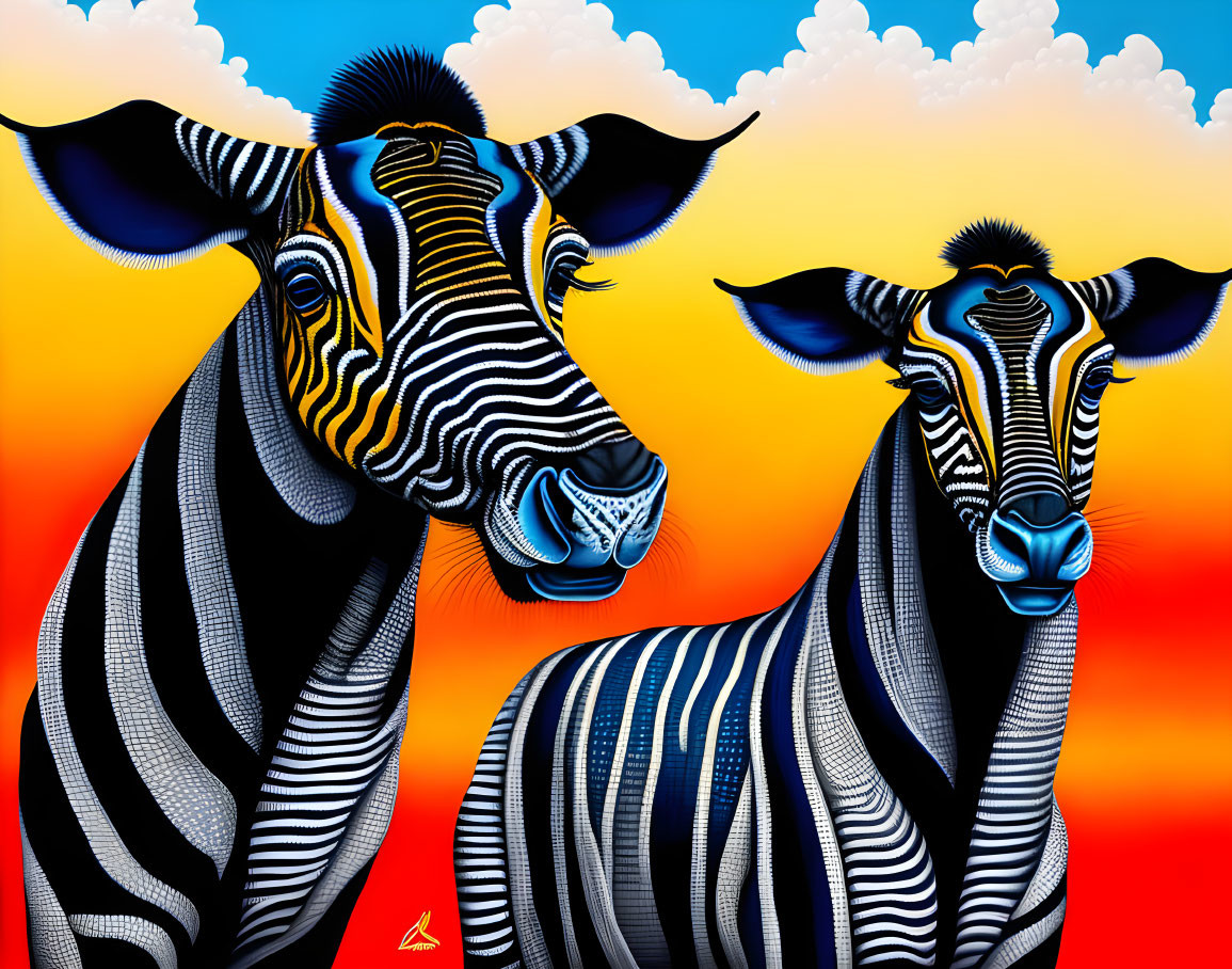 Stylized zebras in patterned stripes under vibrant sunset sky