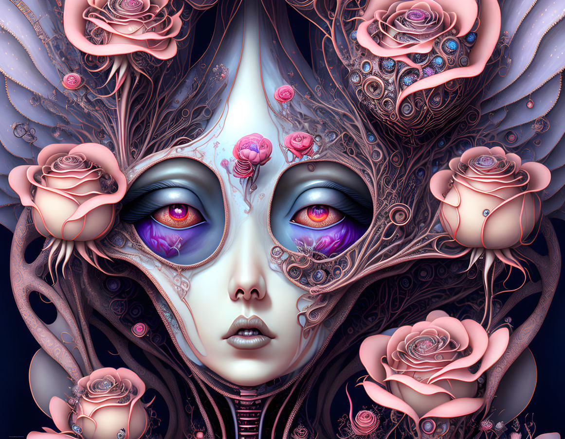 Surreal portrait with striking eyes, rose motifs, and metallic designs