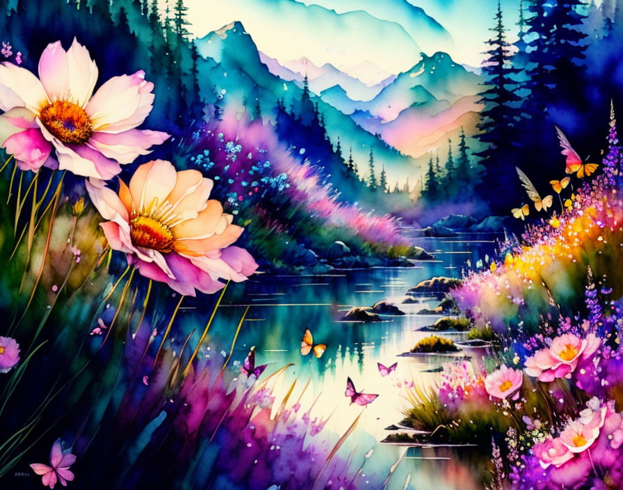 Colorful Watercolor Painting: Pink Flowers, Butterflies, Mountain Landscape