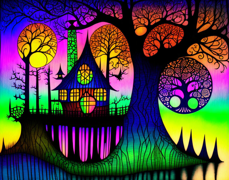 Colorful Artwork: Whimsical House, Trees, Gradient Sky