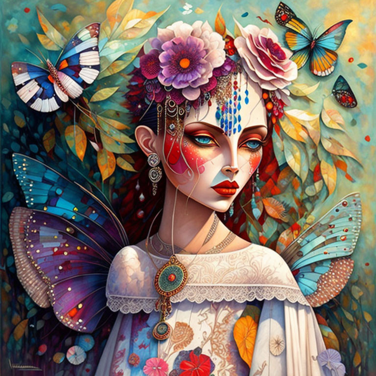 Vibrant woman with butterfly wings and floral headpiece on colorful background