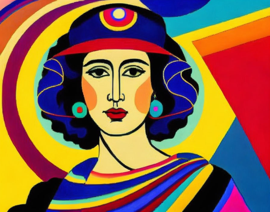 Vibrant Cubist-style portrait of a woman with patterned hat